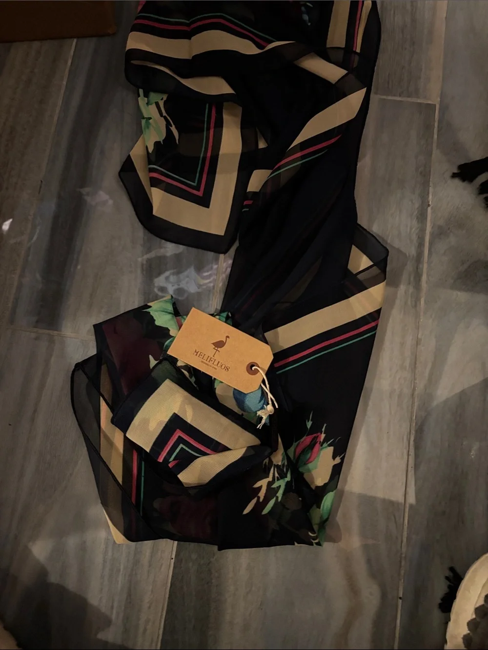 Floral Silk-Feel Black Scarf